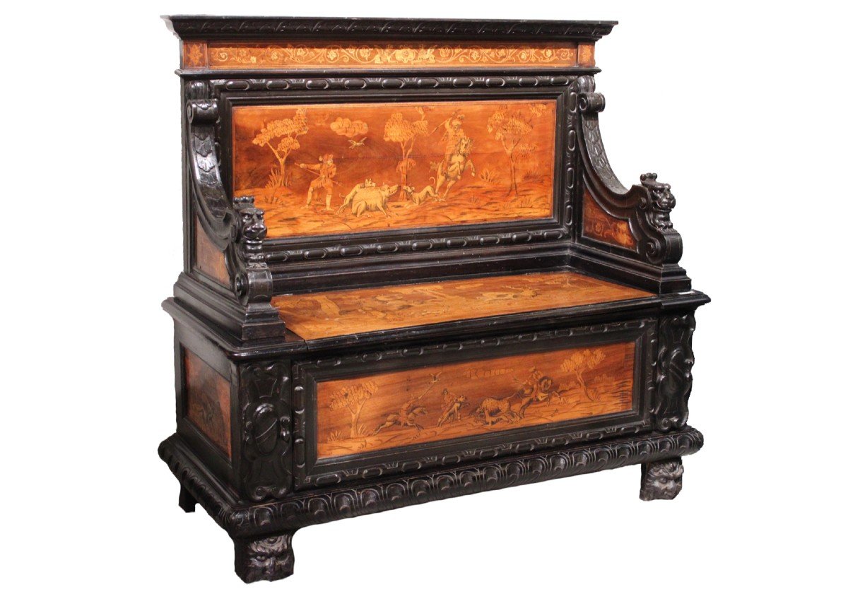 Renaissance Style Chest Bench In Marquetry 19th