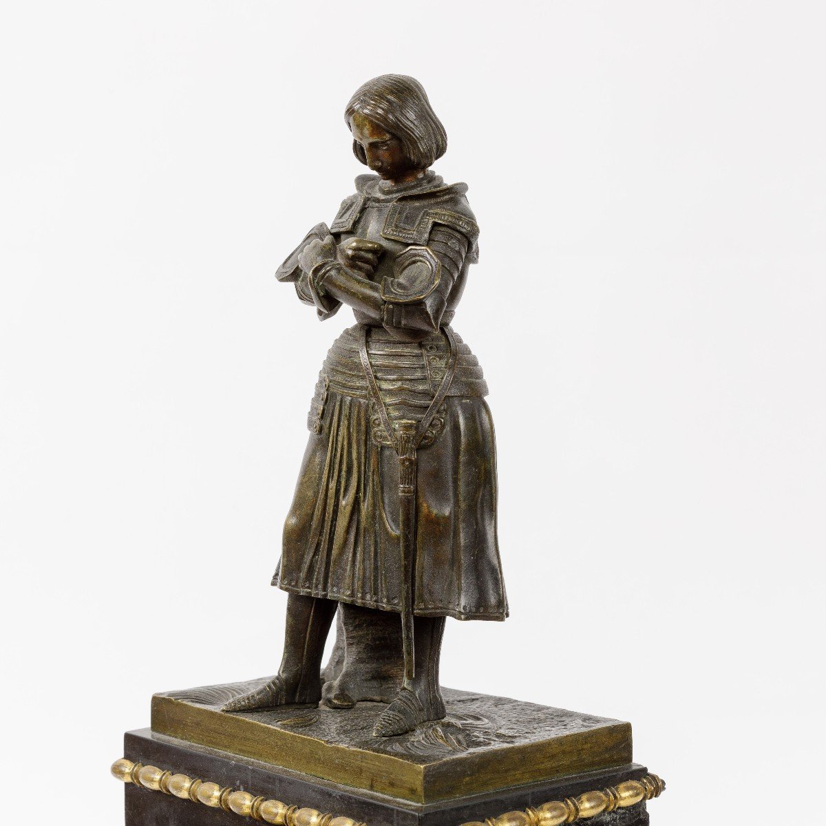 19th Century Bronze And Marble Clock With Statuette Of Jeanne d'Arc-photo-4