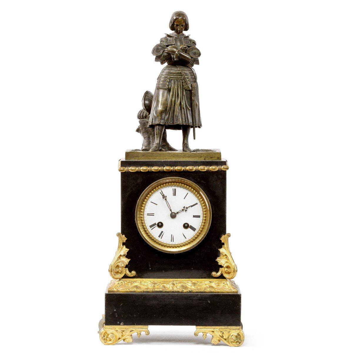 19th Century Bronze And Marble Clock With Statuette Of Jeanne d'Arc