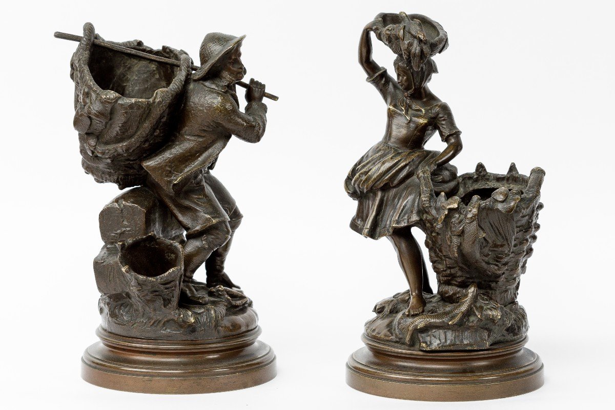 Paire De Sculptures 19eme En Bronze  "la Famille De Pêcheurs"-photo-4