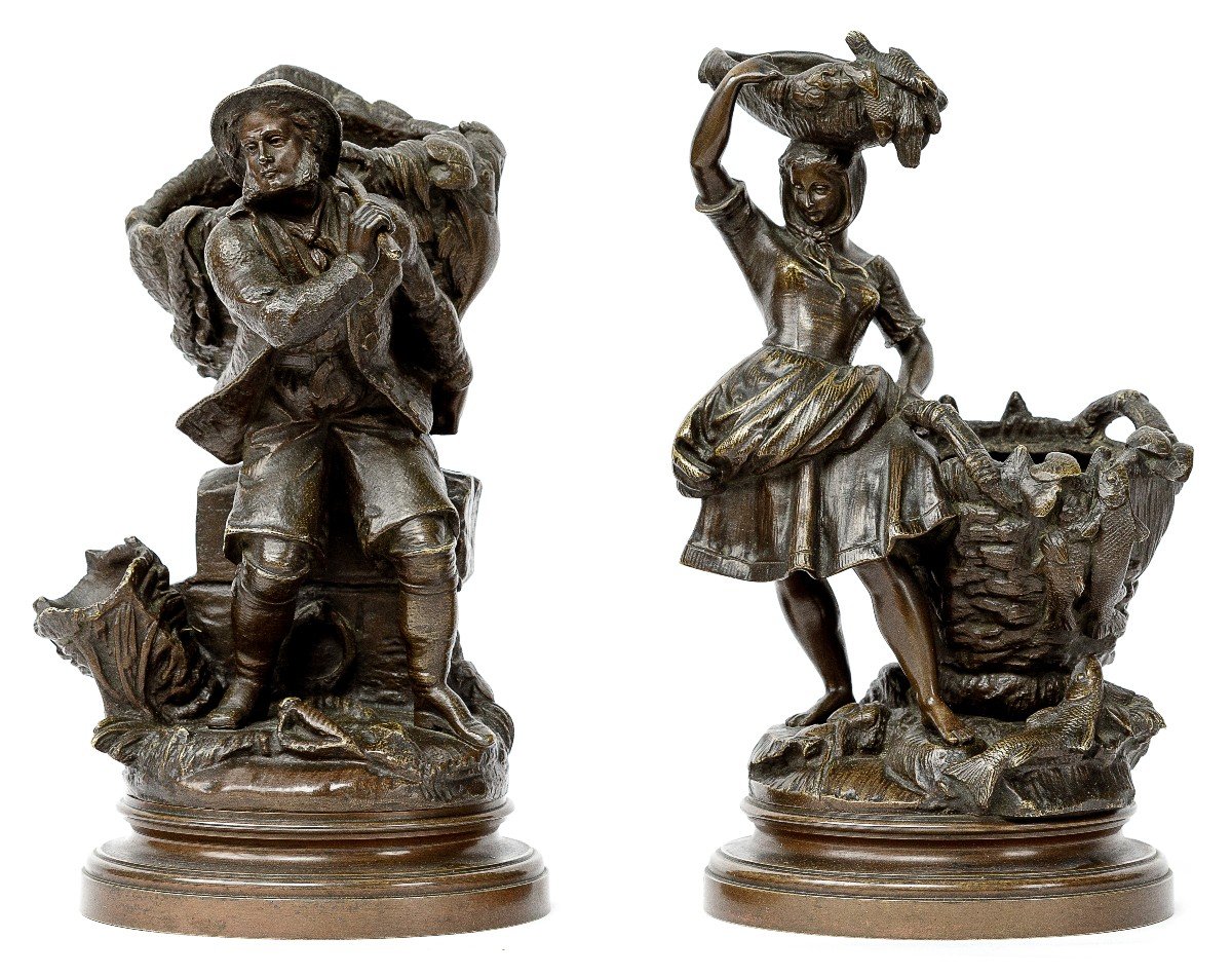 Paire De Sculptures 19eme En Bronze  "la Famille De Pêcheurs"