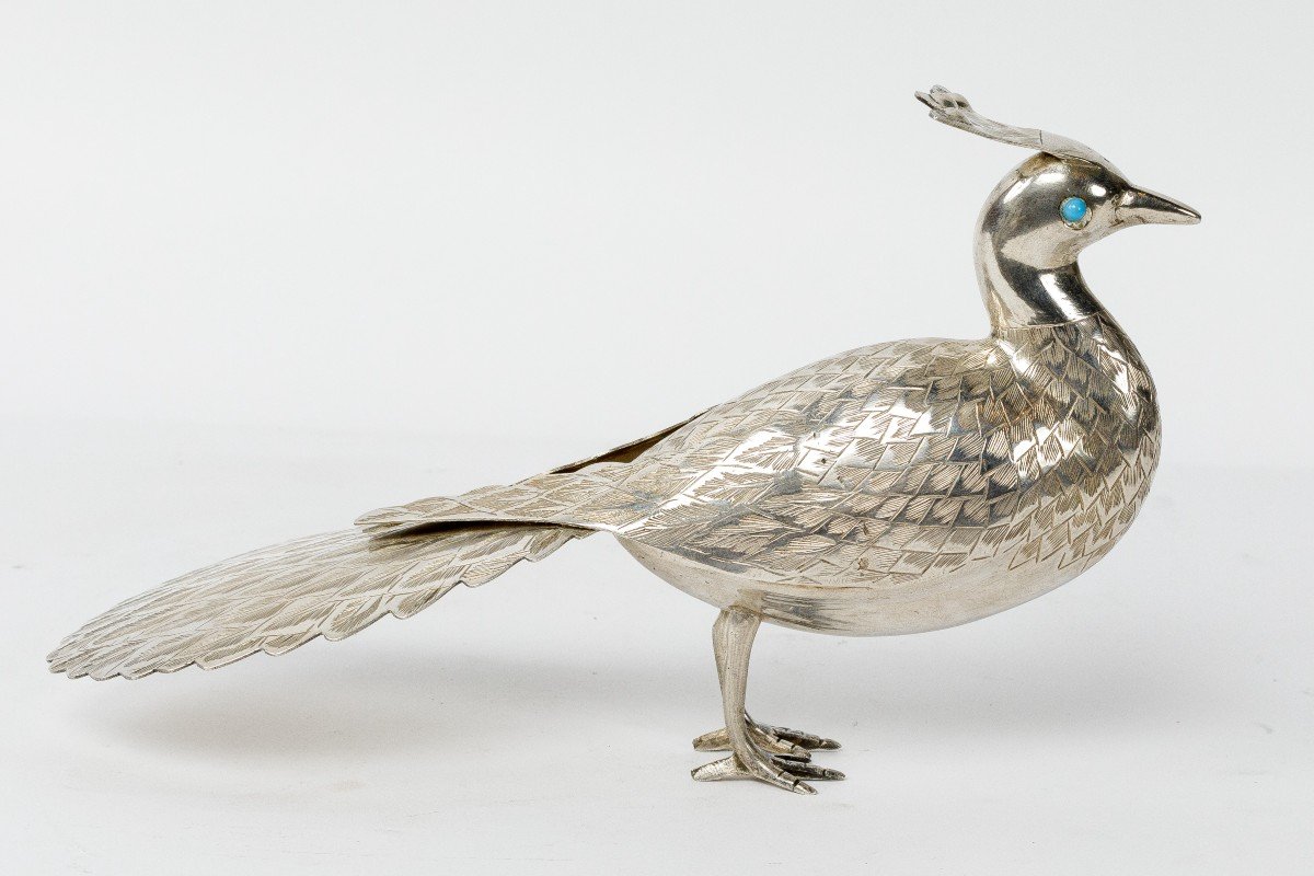 An Oriental Sterling Silver Sculpture Of A Bird -photo-2