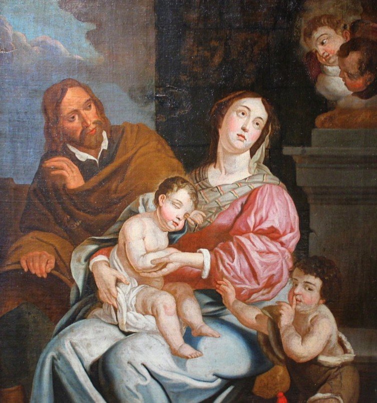 Antique Religious 18th Century Painting "holy Family" 
