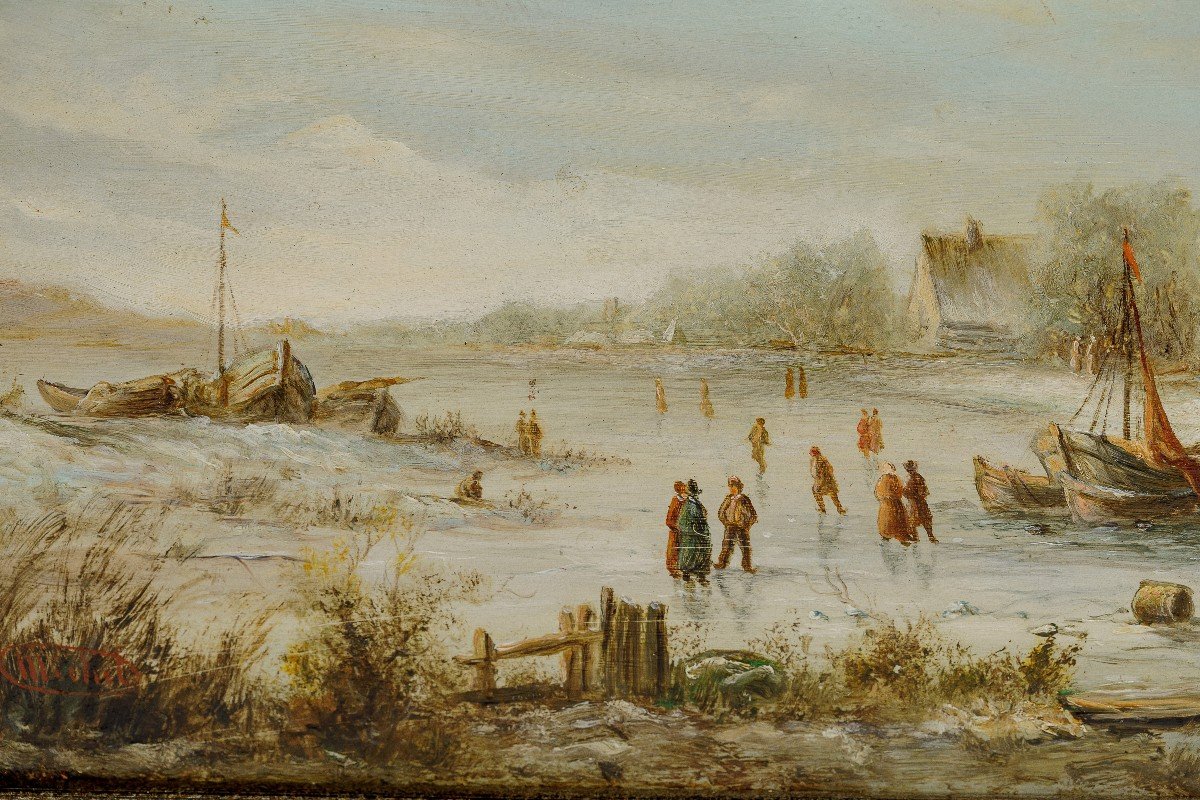 Pair Of Small Old Dutch Scool Oil On Wood Paintings-photo-2