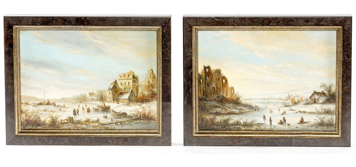 Pair Of Small Old Dutch Scool Oil On Wood Paintings
