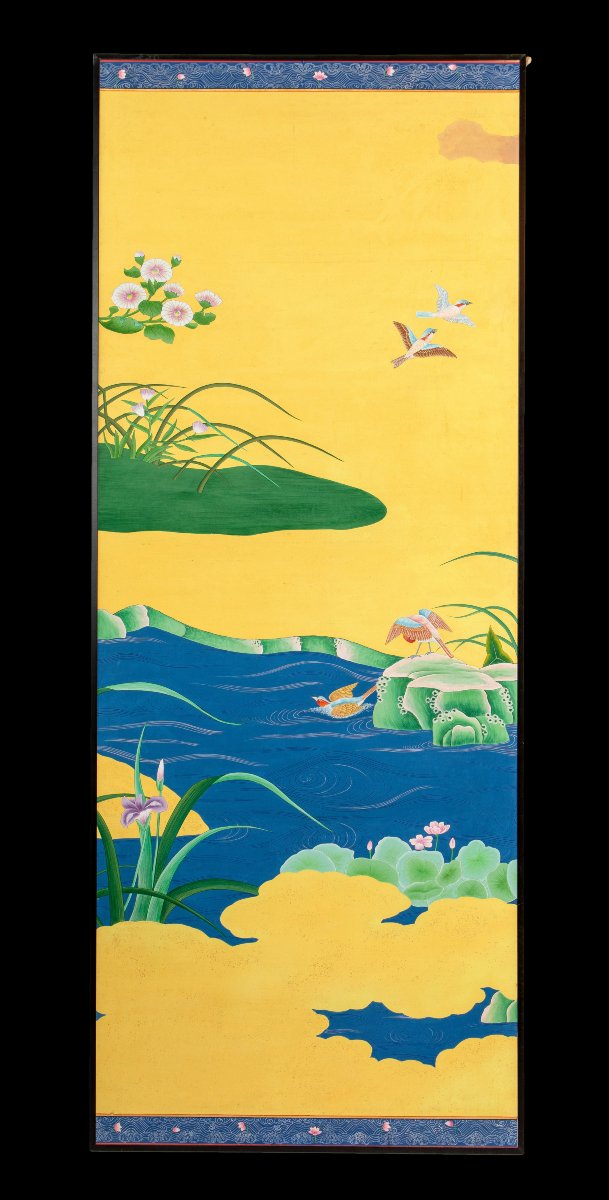Décoration Murale Japonaise Peint En Soie De Six Pièces. 20e Siècle-photo-2