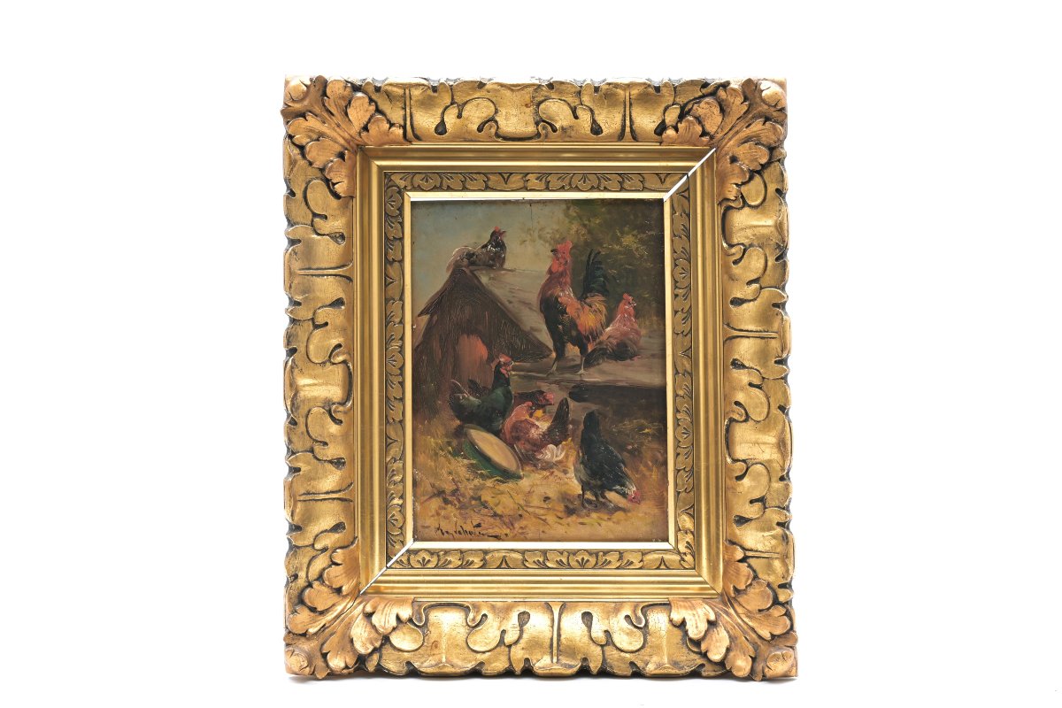 Tableau 19eme "la Famille Du Coq" Huile Sur Bois Signe Henry Schouten-photo-2
