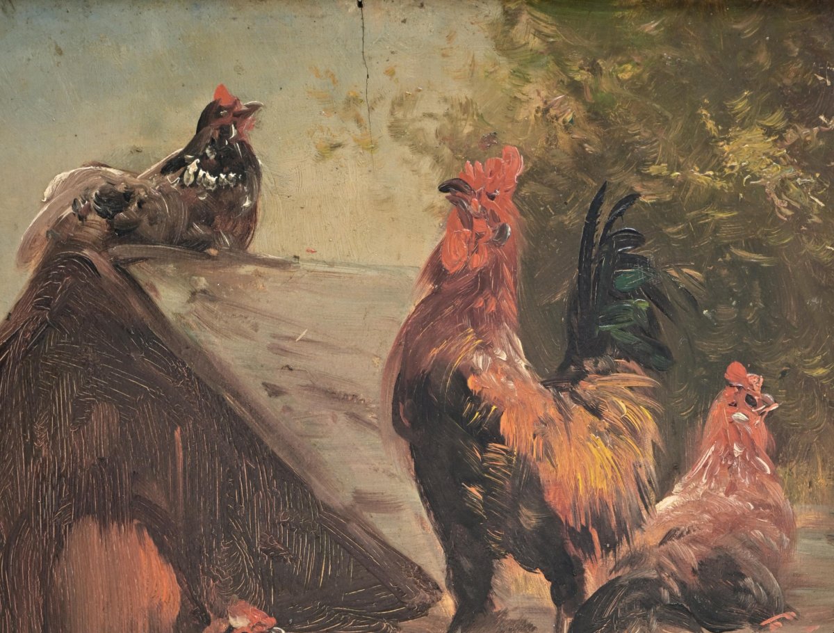 Tableau 19eme "la Famille Du Coq" Huile Sur Bois Signe Henry Schouten-photo-1