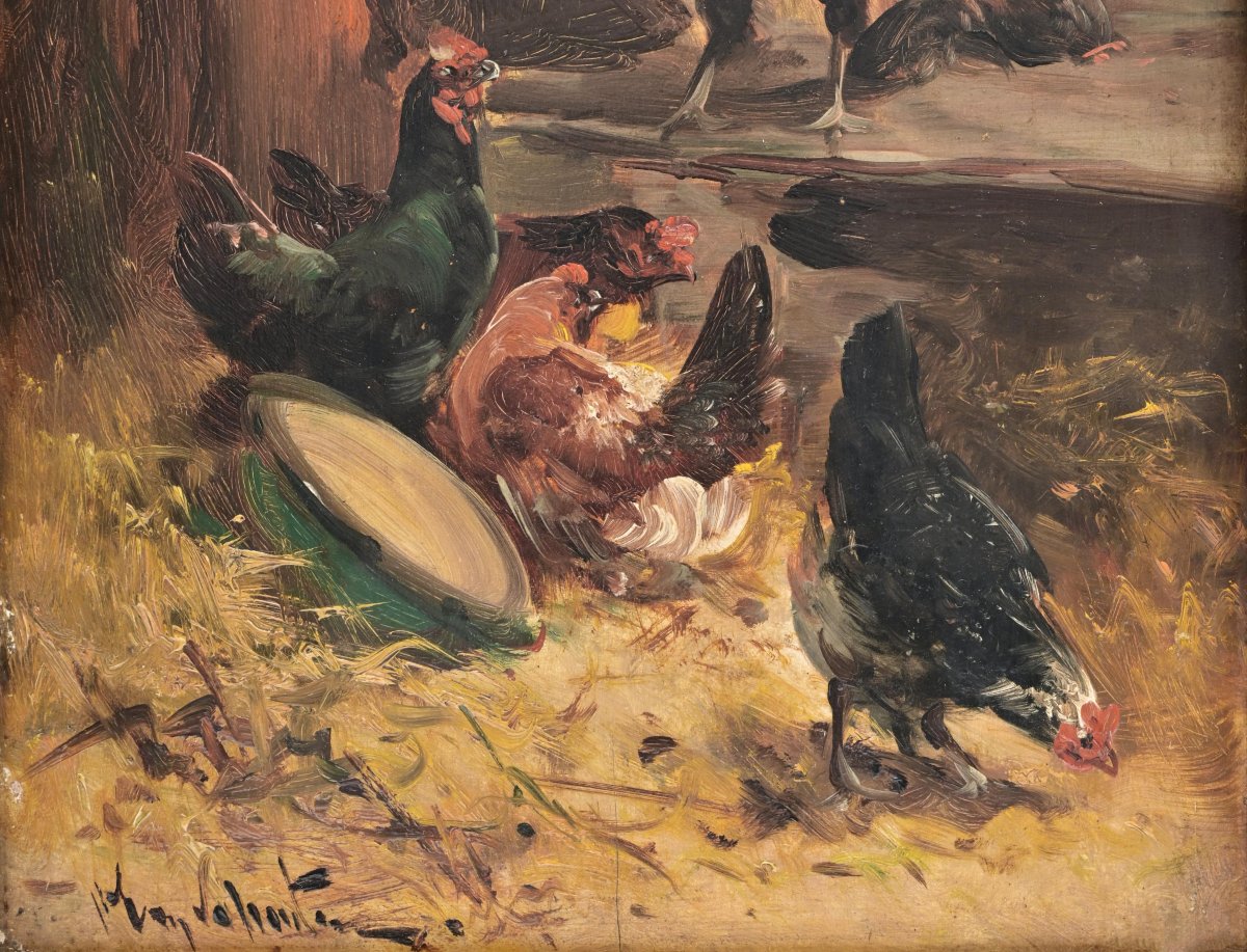 Tableau 19eme "la Famille Du Coq" Huile Sur Bois Signe Henry Schouten-photo-2