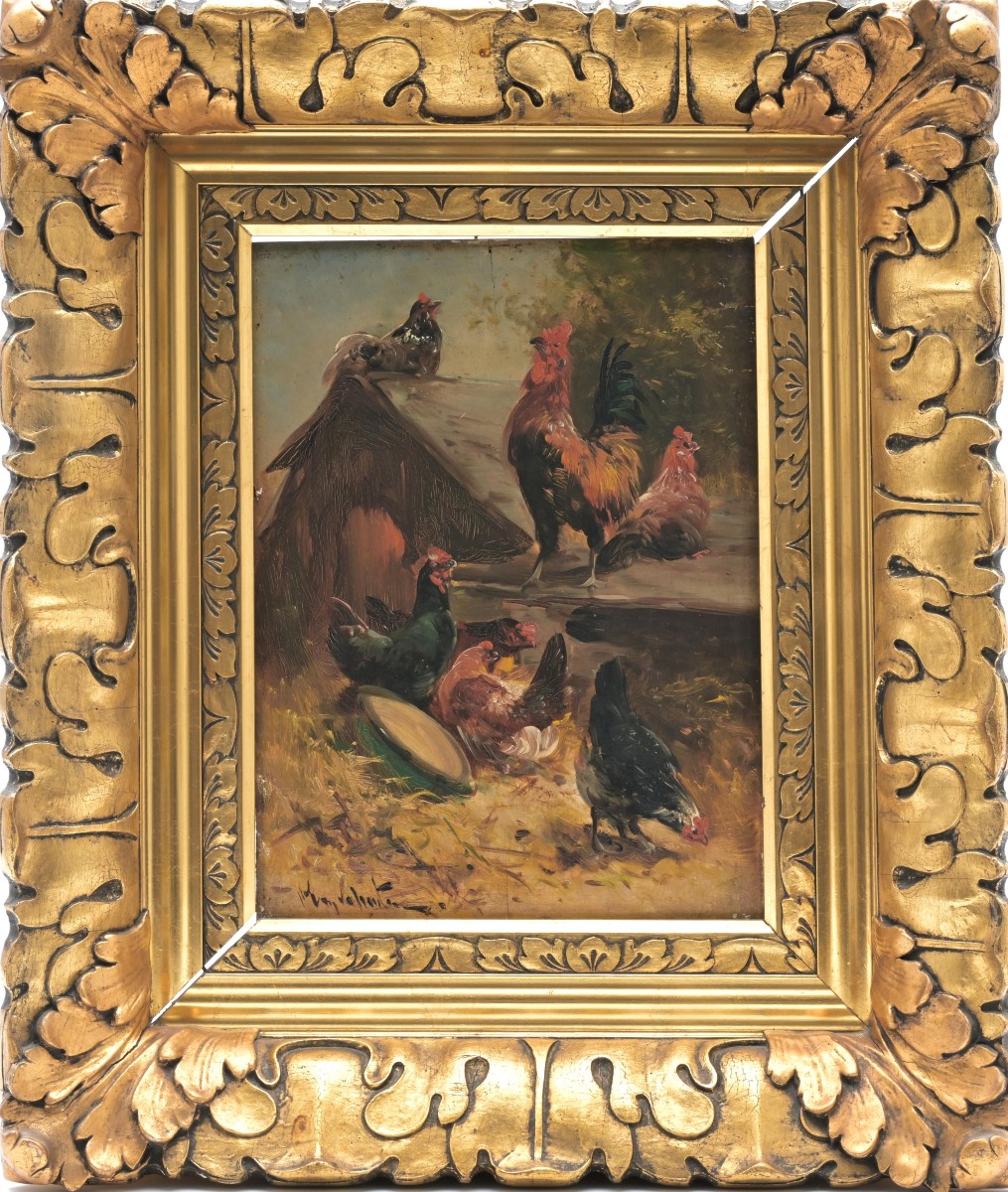 Tableau 19eme "la Famille Du Coq" Huile Sur Bois Signe Henry Schouten