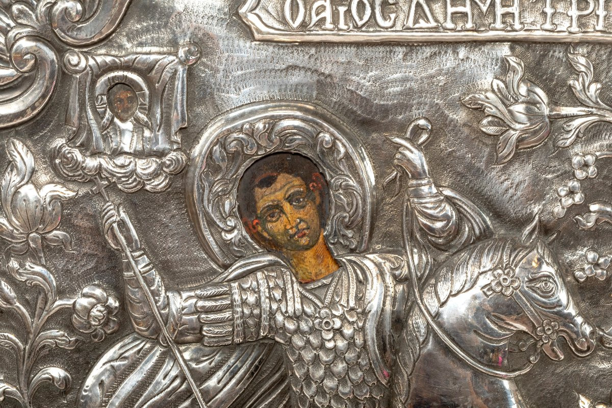 19th Century Greek Icon With Riza In Solid Silver, Saint Demetrius-photo-2