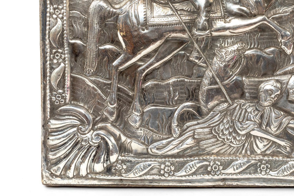 19th Century Greek Icon With Riza In Solid Silver, Saint Demetrius-photo-1