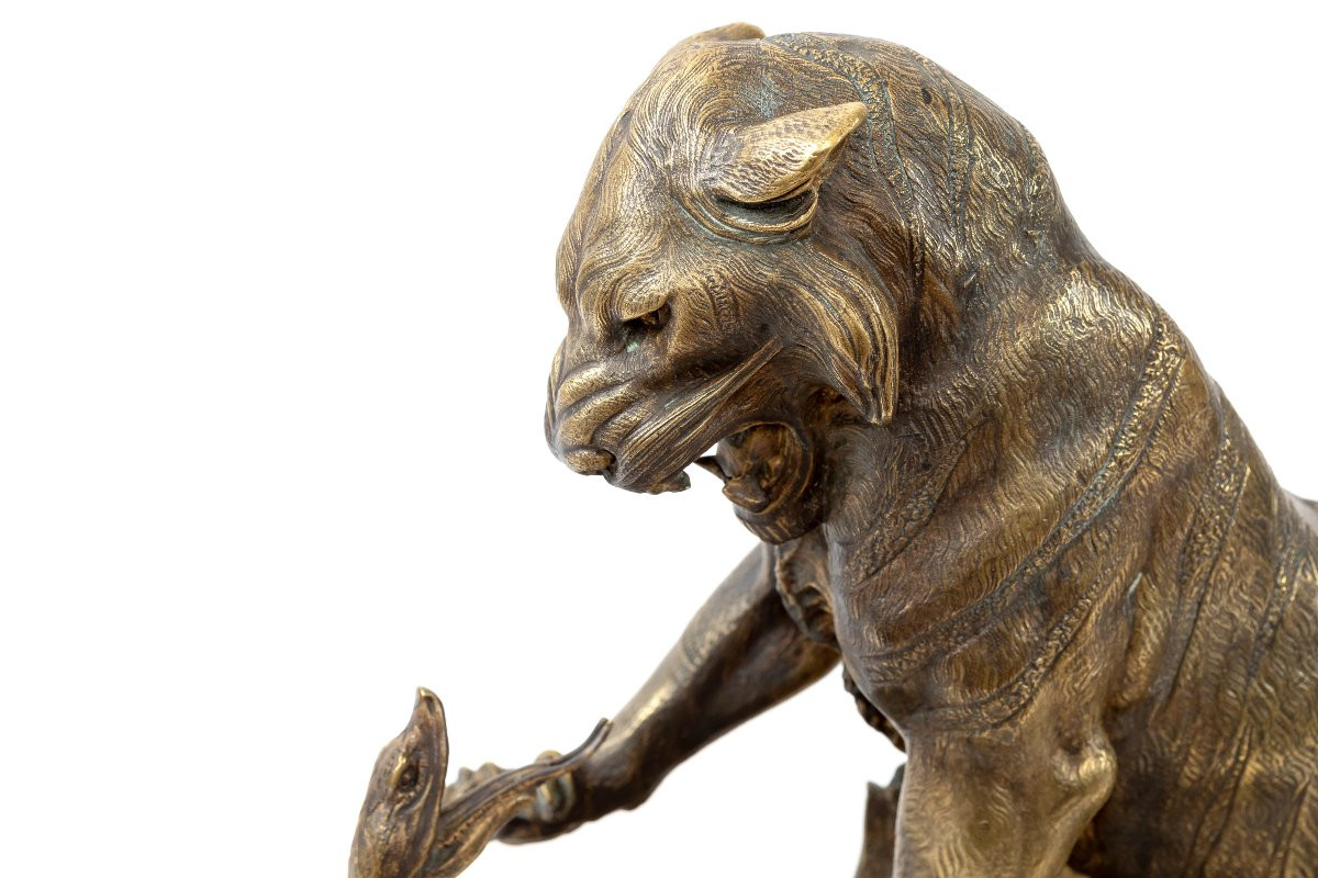 Bronze Sculpture "tiger And Snake" By Robert Bousquet-photo-2