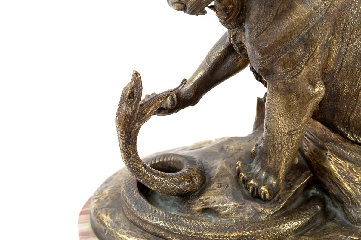 Bronze Sculpture "tiger And Snake" By Robert Bousquet-photo-3