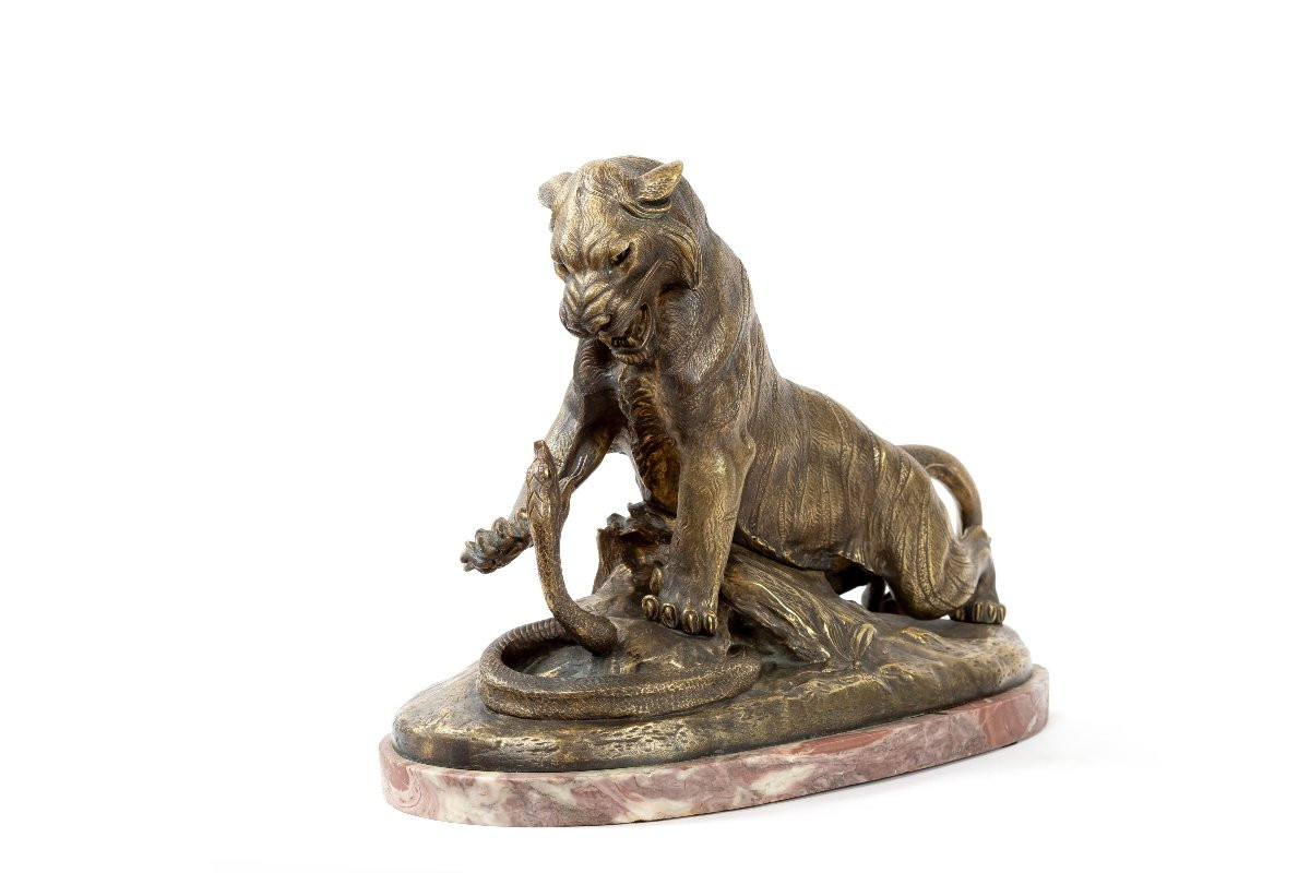 Bronze Sculpture "tiger And Snake" By Robert Bousquet-photo-1