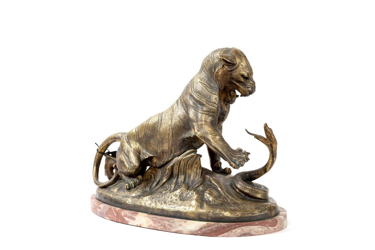 Bronze Sculpture "tiger And Snake" By Robert Bousquet-photo-2