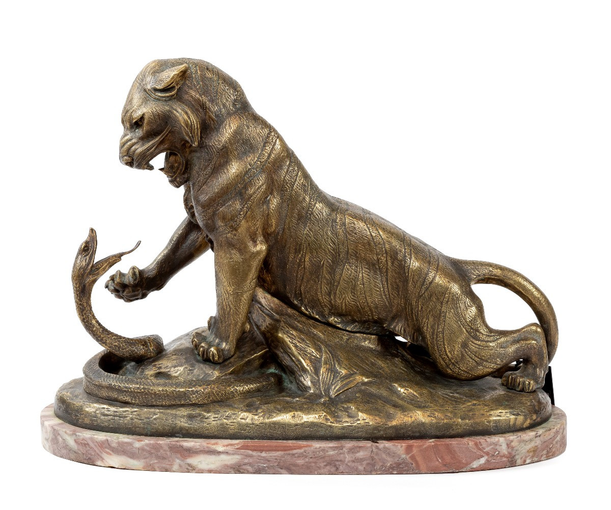 Bronze Sculpture "tiger And Snake" By Robert Bousquet
