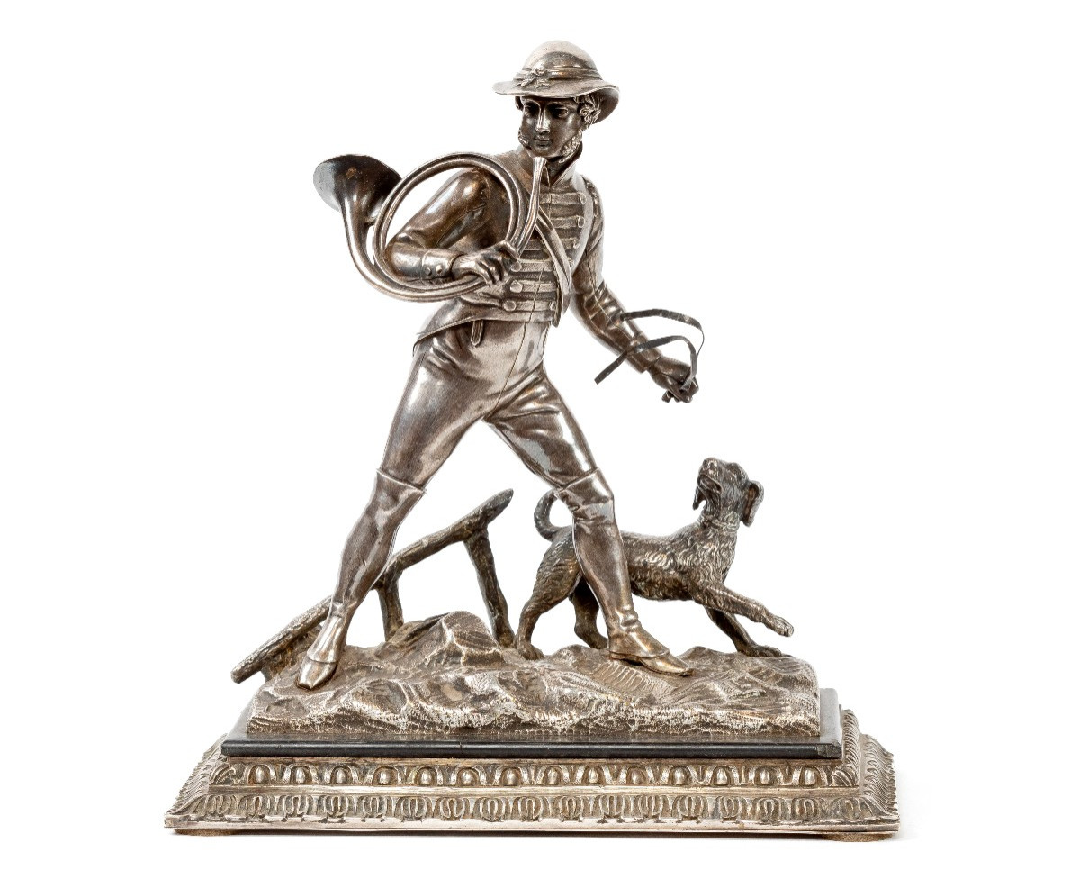 19th Century Silverplated Bronze Statuette "the Hunt" In Empire Style