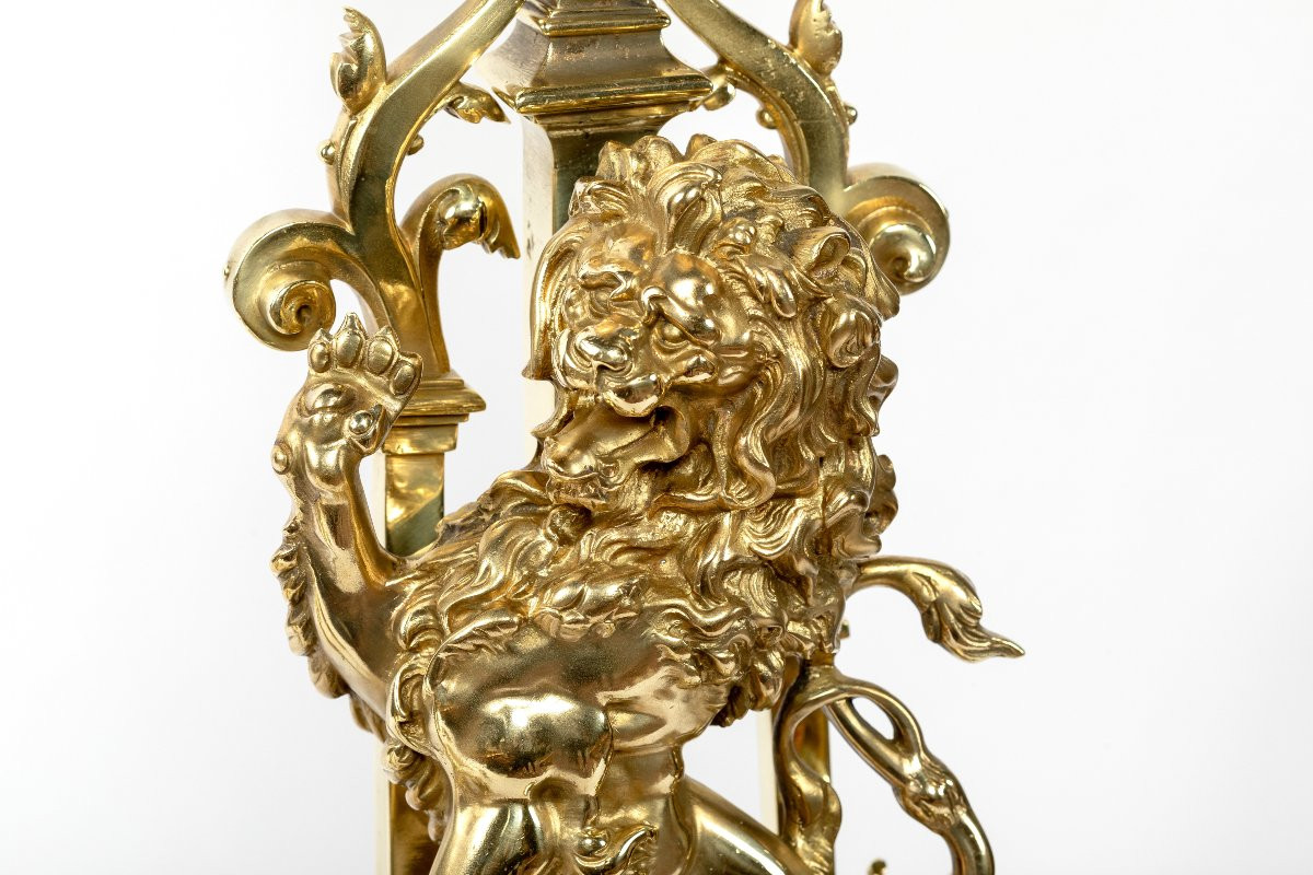 Paire de chenets en bronze avec les lions, 19ème siècle-photo-4