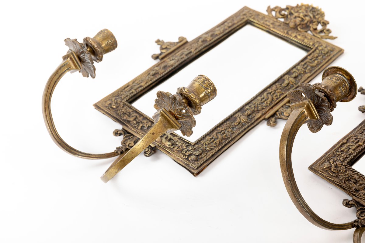 Pair Of Bronze Wall Lights With Mirrors, Late 19th Century -photo-2
