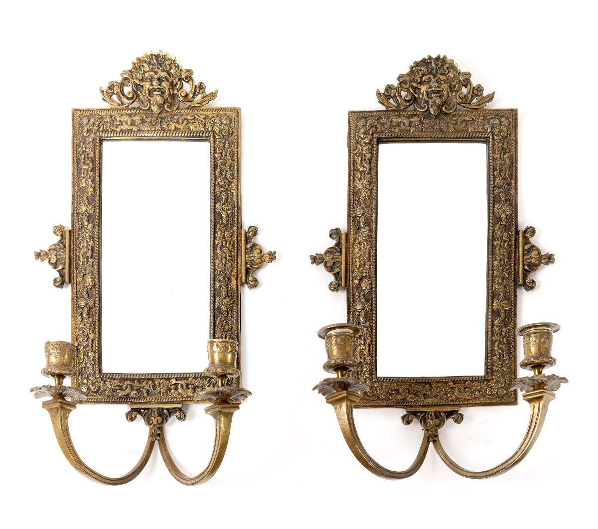 Pair Of Bronze Wall Lights With Mirrors, Late 19th Century 