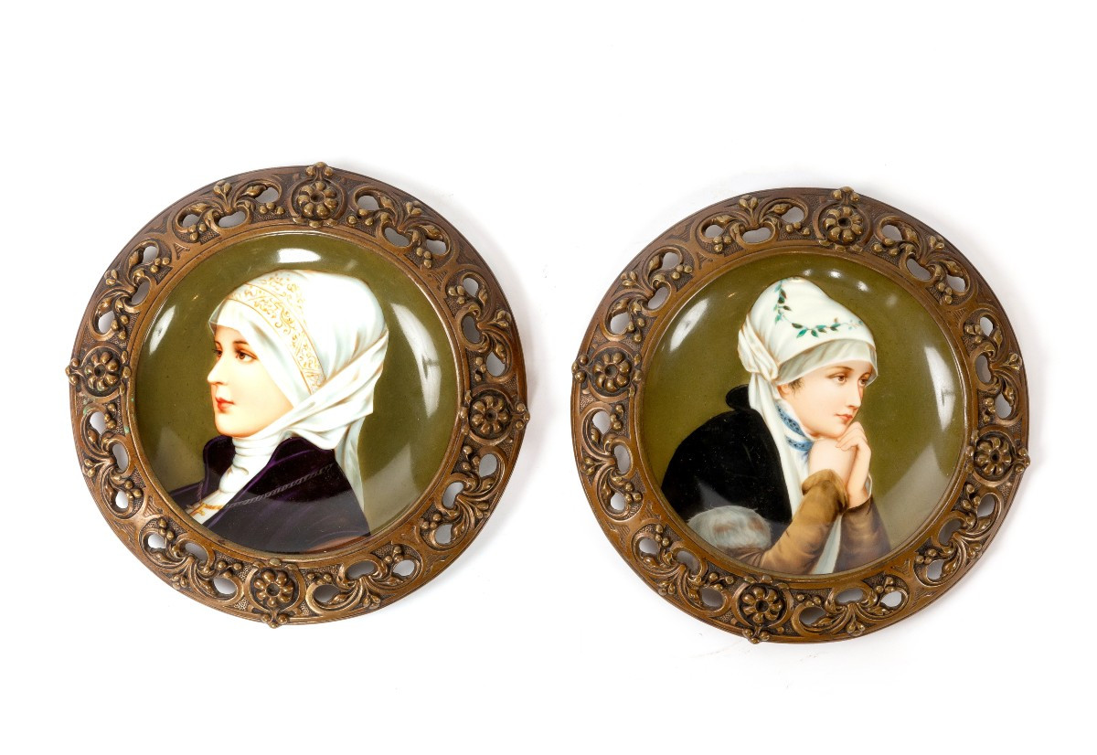 Pair Of Painted Porcelain Plates In Solid Bronze Frame