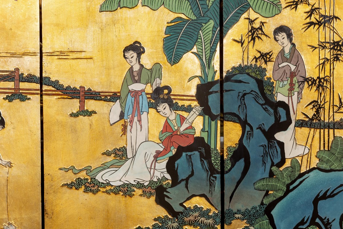 Paravent chinese à six panneaux à feuille d’or représentant un paysage -photo-1