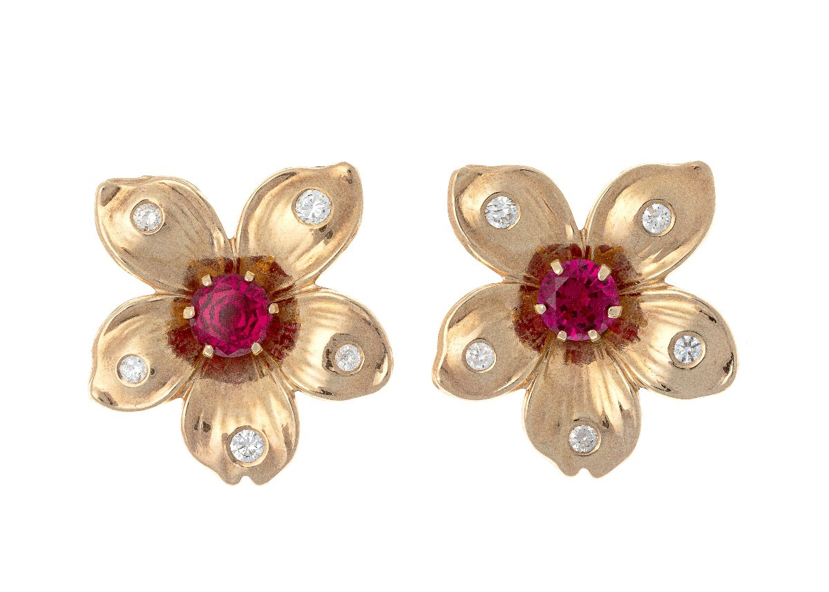 14k Gold "flower" Earrings With Diamonds