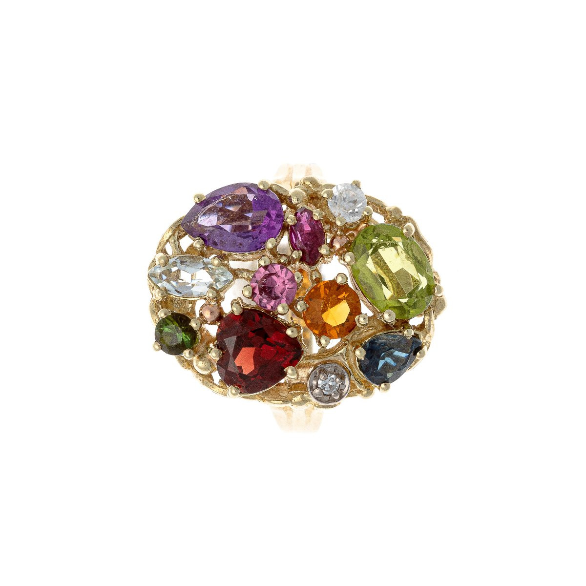 Bague en or 14k ornée de diamants, saphirs, rubis, améthystes, citrines, grenats, péridots-photo-2