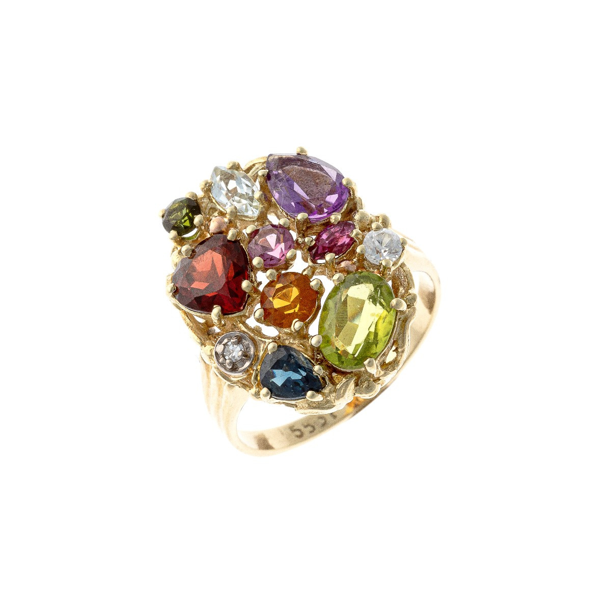Bague en or 14k ornée de diamants, saphirs, rubis, améthystes, citrines, grenats, péridots