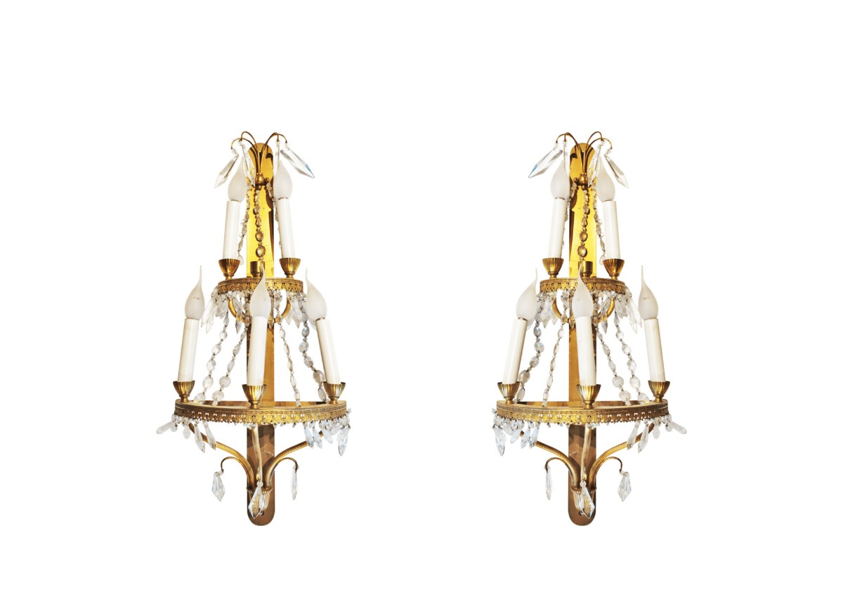 Paire d'Appliques A 5 Lumieres En Bronze et Cristals