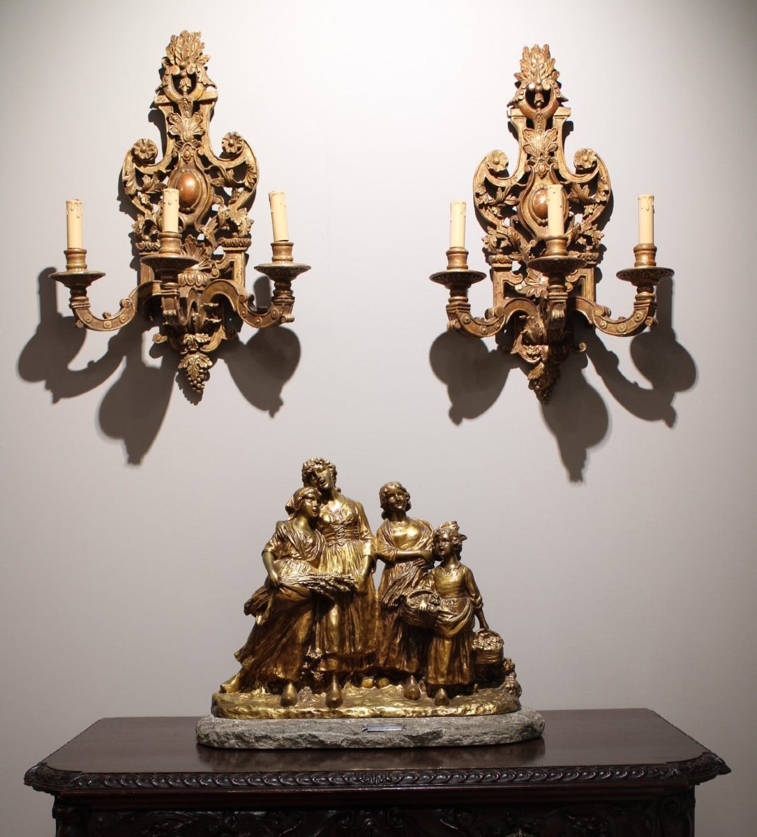 Pair Of 3-light Carved And Patinated Wooden Wall Sconces   -photo-2