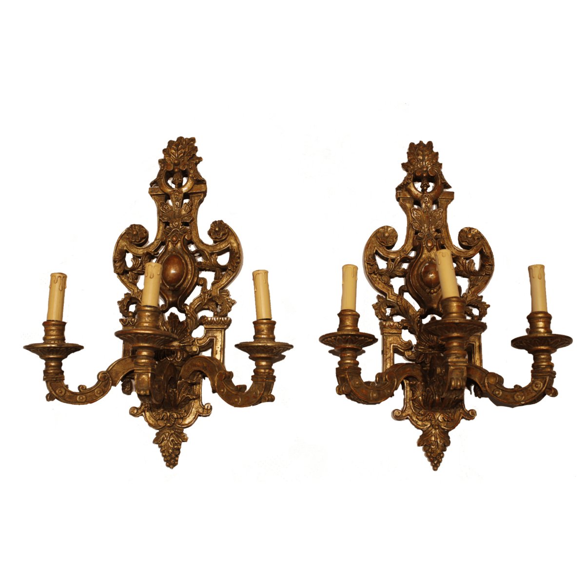 Pair Of 3-light Carved And Patinated Wooden Wall Sconces   -photo-3