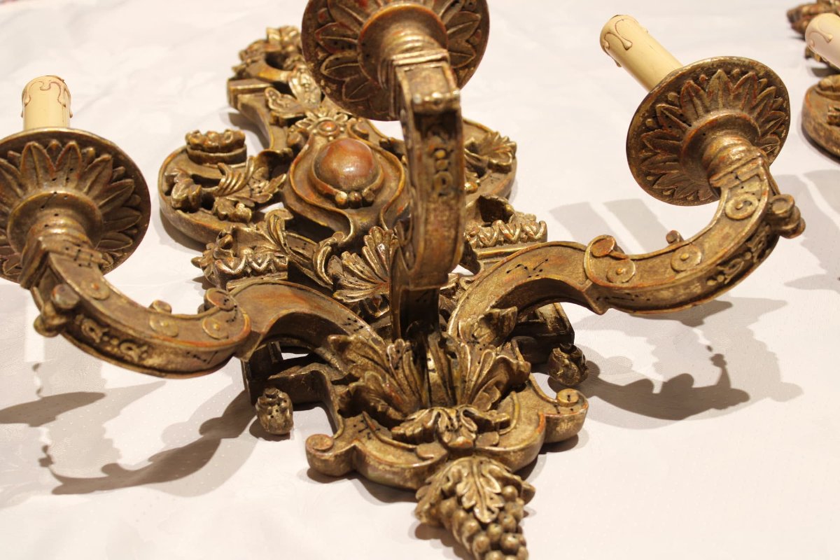 Pair Of 3-light Carved And Patinated Wooden Wall Sconces   -photo-1