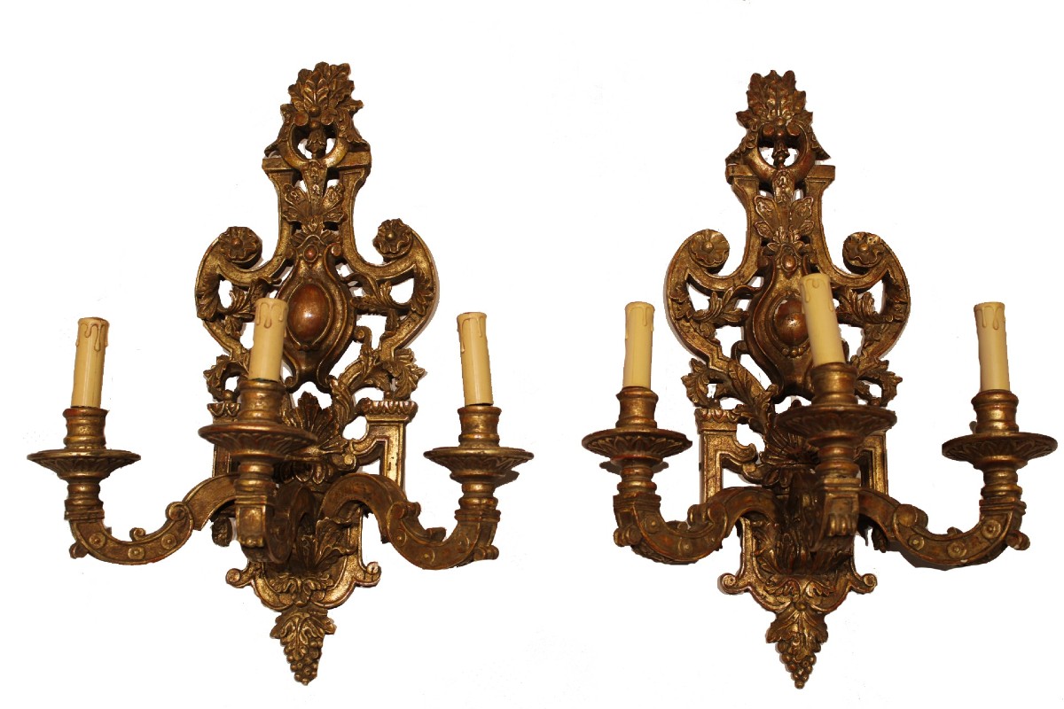 Pair Of 3-light Carved And Patinated Wooden Wall Sconces   