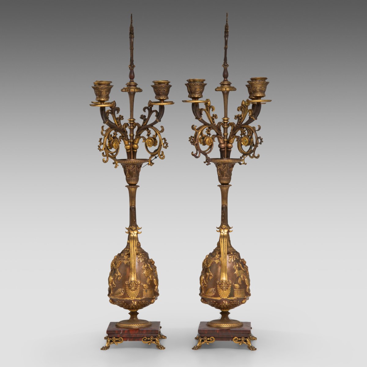 Pair Of Gilt Bronze And Patinated Candlesticks, 19th Century, Signed Ferdinand Levillain-photo-2
