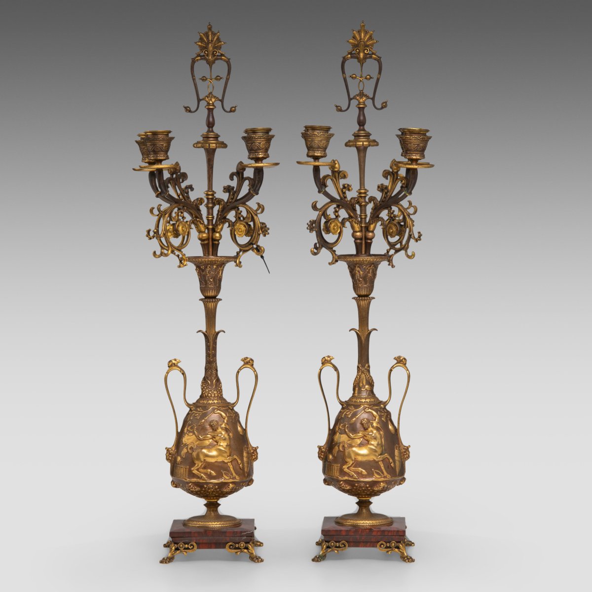 Pair Of Gilt Bronze And Patinated Candlesticks, 19th Century, Signed Ferdinand Levillain-photo-3