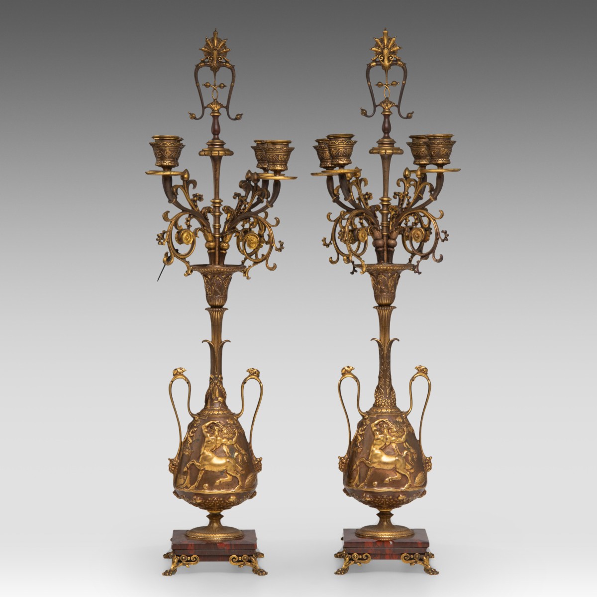 Pair Of Gilt Bronze And Patinated Candlesticks, 19th Century, Signed Ferdinand Levillain