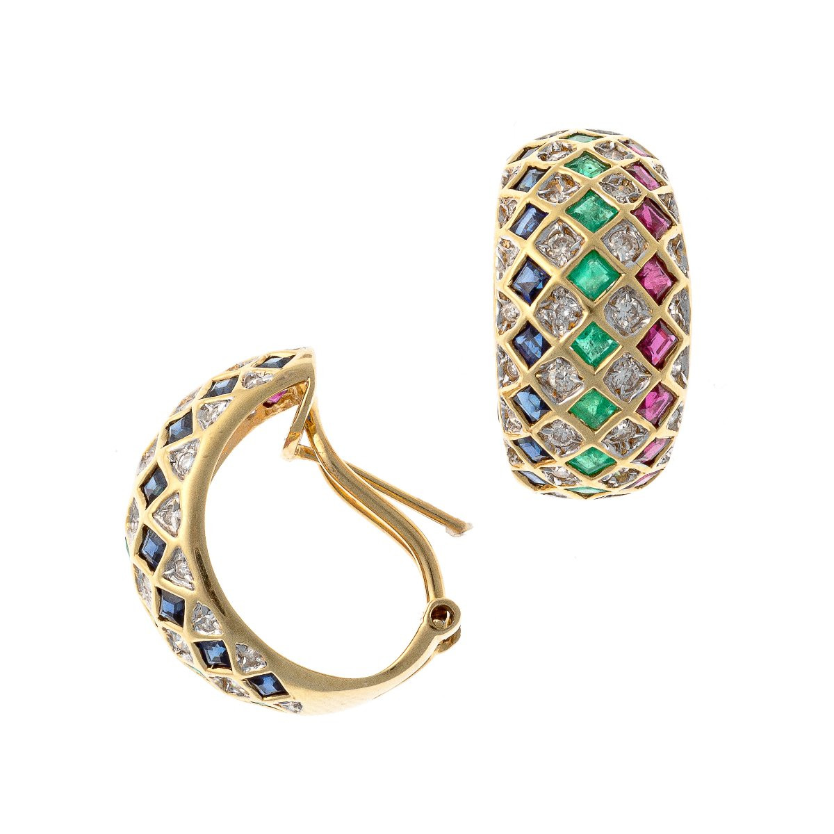 Boucles d'oreilles en or 18k serties de diamants, rubis, émeraudes et saphirs-photo-1