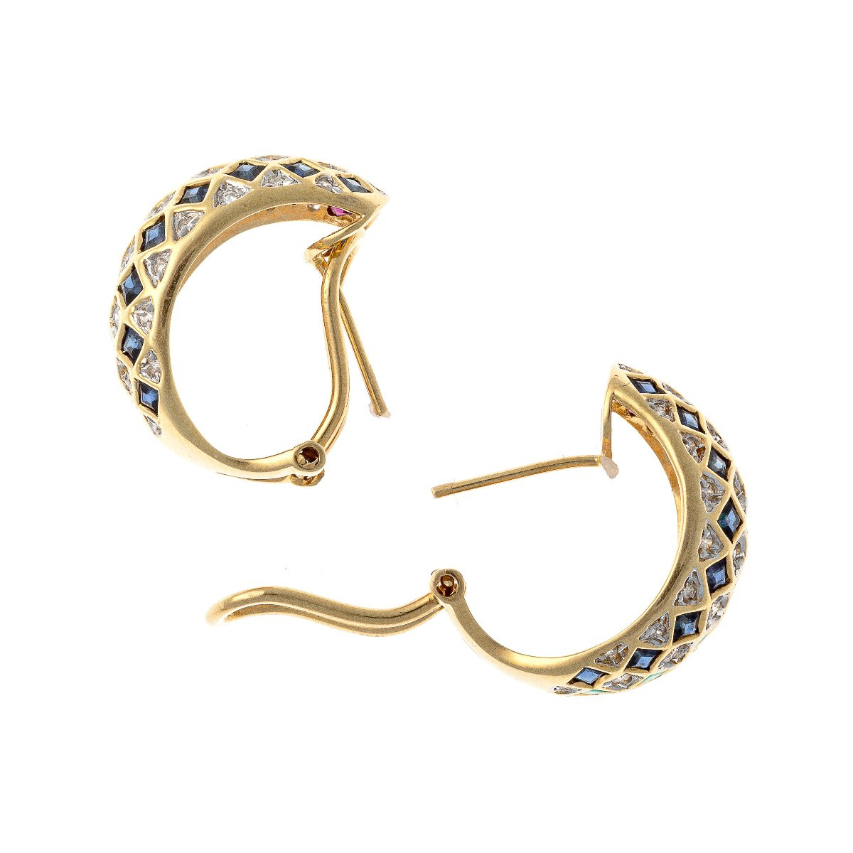Boucles d'oreilles en or 18k serties de diamants, rubis, émeraudes et saphirs-photo-2