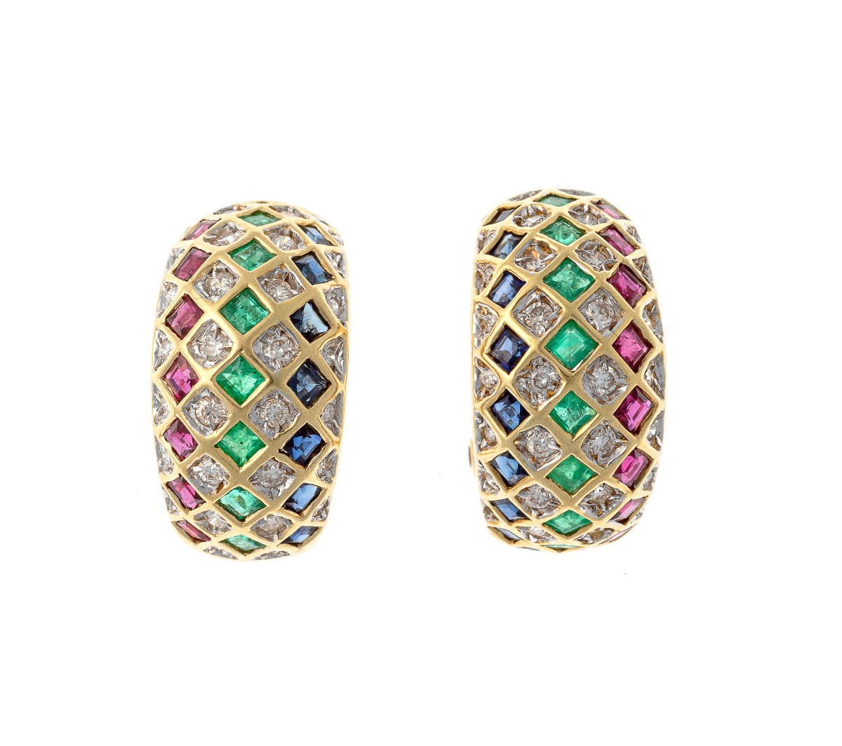 Boucles d'oreilles en or 18k serties de diamants, rubis, émeraudes et saphirs
