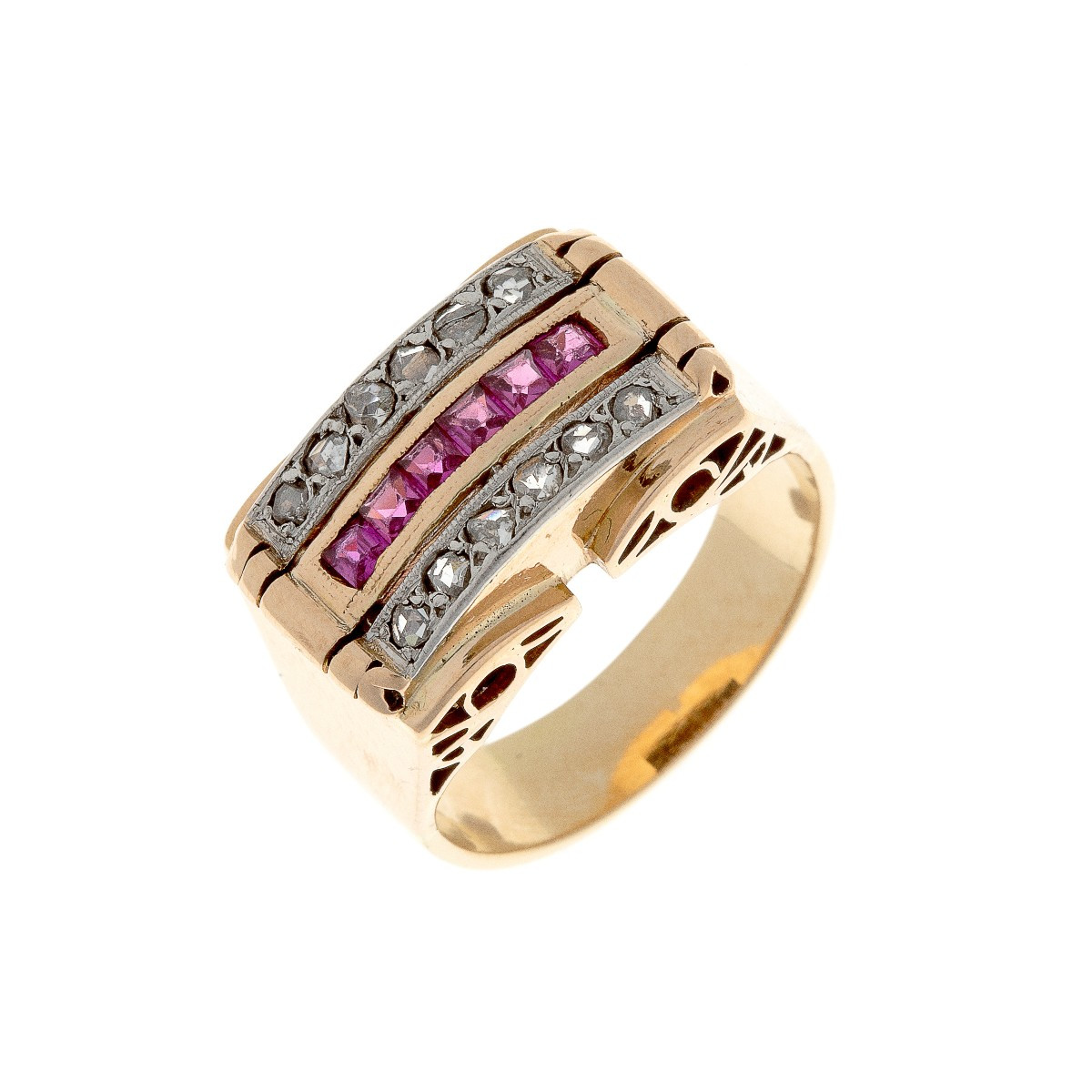 Bague Art Deco en or 14k avec rubis et diamants
