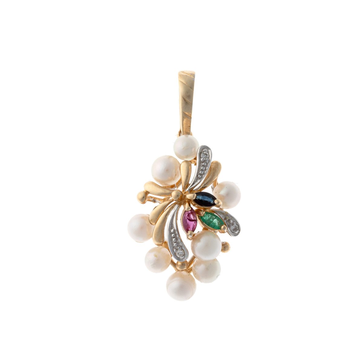 Pendentif en or 14k orné de diamants, rubis, émeraudes, saphirs et perles. XXe siècle.-photo-2