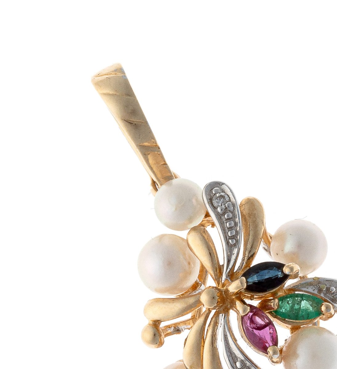 Pendentif en or 14k orné de diamants, rubis, émeraudes, saphirs et perles. XXe siècle.-photo-3