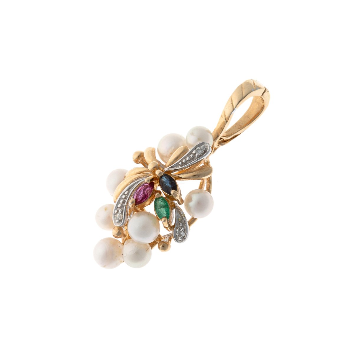 Pendentif en or 14k orné de diamants, rubis, émeraudes, saphirs et perles. XXe siècle.-photo-4
