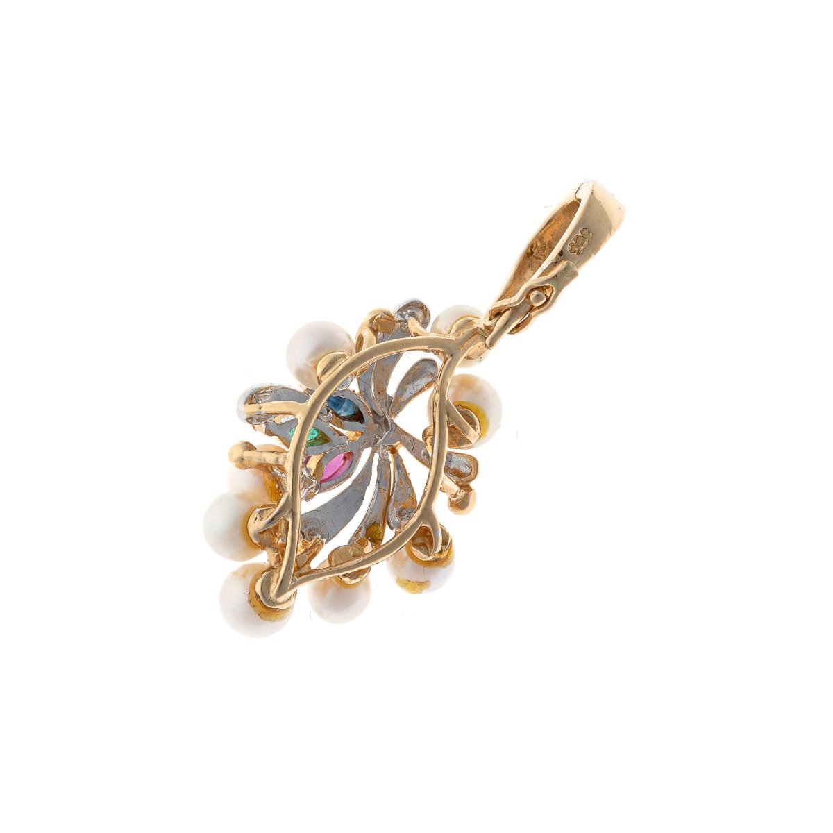 Pendentif en or 14k orné de diamants, rubis, émeraudes, saphirs et perles. XXe siècle.-photo-1
