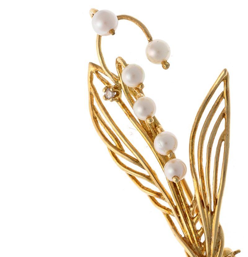 Broche en or 18 carats avec perles et diamant « Muguet » – The Franklin Mint, 1985-photo-3