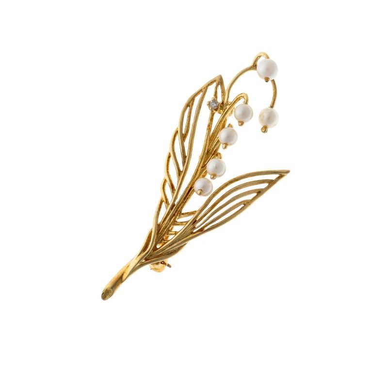 Broche en or 18 carats avec perles et diamant « Muguet » – The Franklin Mint, 1985-photo-4