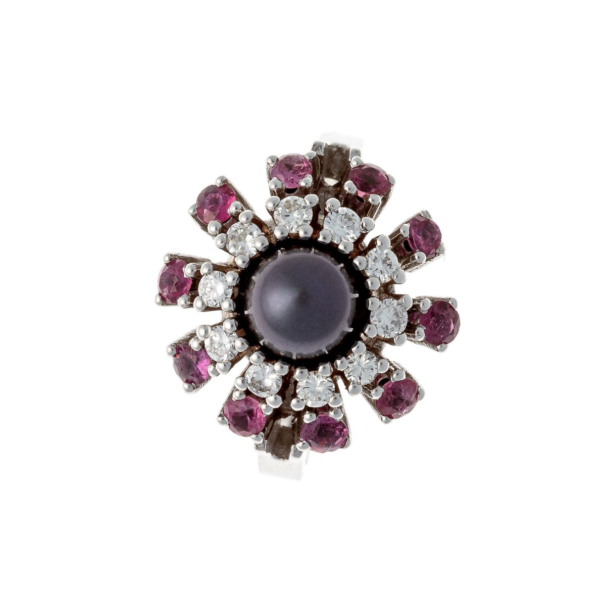 Ring  "flower" In 14k White Gold With Diamonds And Rubies -photo-2