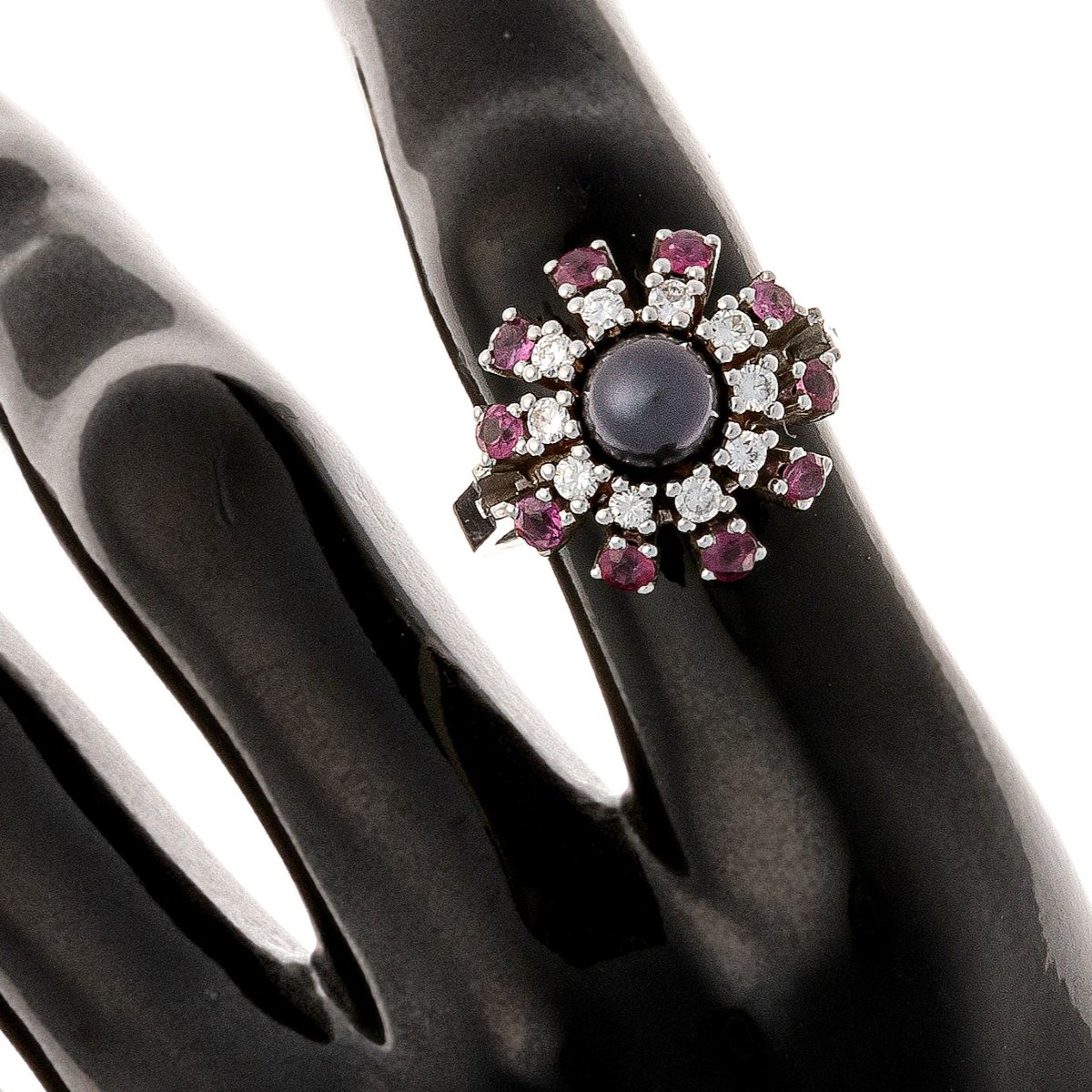 Ring  "flower" In 14k White Gold With Diamonds And Rubies -photo-1